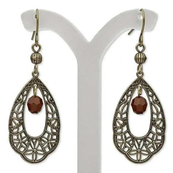 Lacy Victorian Antique Brass Filigree Teardrop Faceted Bead Dangle Earrings - Picture 1 of 1